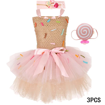 Sweet Ice Cream Candy-Themed Girls Dress for Kids Birthday Carnival Party Rainbow Tutu Children's Costume Wedding Outfits
