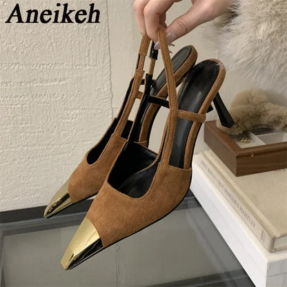 Street Style Sexy Pointed Toe Slingbacks Pumps Women Stripper Sandals High Heels Female Banquet Shoes Brown Kitten Heels