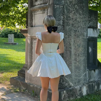 White Sexy Party Dresses 2024 New Arrivals V Neck Cape Sleeve Dress Mini Casual Birthday Fluffy Skirt Dress
