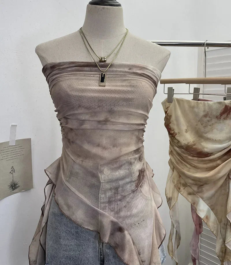 Tie Dye Summer Tops for Women Y2K Strapless Sleeveless Asymmetrical Ruffle Fishtail Ruched Stretch Mesh Vintage Clothes