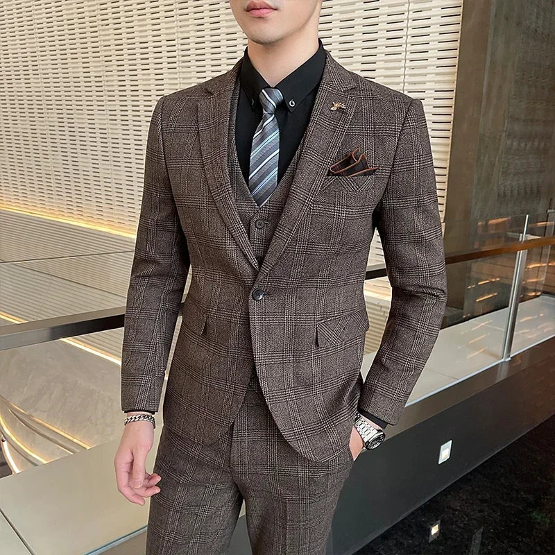 Checkered Suit (Blazer+Vest+Pants) Men's Fashion Hosting Work Business Wedding Casual Linen Art Style Elegant Gentleman's Suit