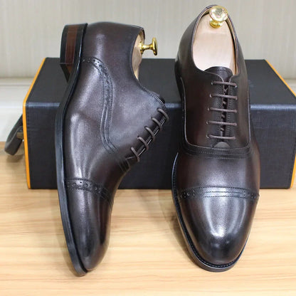 Men's Genuine Leather Oxfords Handmade Cap Toe Dress Shoes Lace-Up Formal Wedding Shoes Business Office Male Footwear