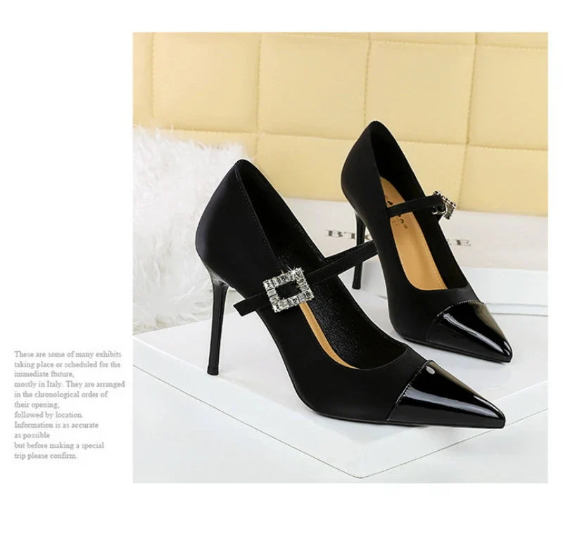 Banquet High Heels Thin Heels Light Mouth Color-Blocked Pointed Toe Rhinestones One-Strip Ultra High Heels Single Shoes Elegant