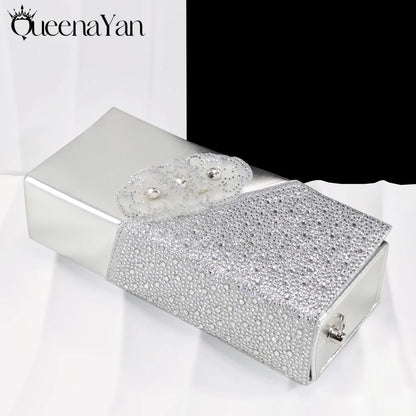 Elegant Silver Pointed-Toe High Heels Shoes with Diamond Accents & Matching Bag - Ideal for Party Elegance