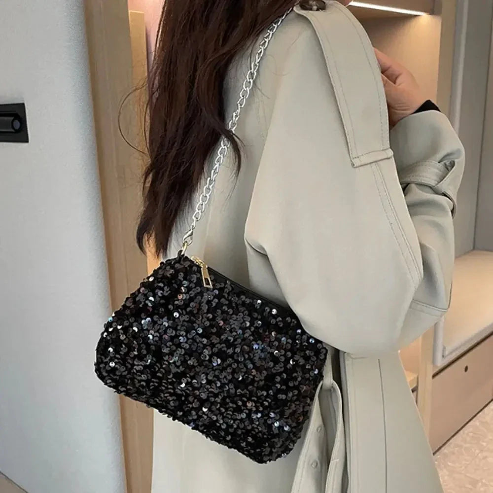 Solid Color Sequins Crossbody Bag Simple INS Chain Sequins Shoulder Bag Pocket Bag Phone Bag Small Square Bag Dinner Party