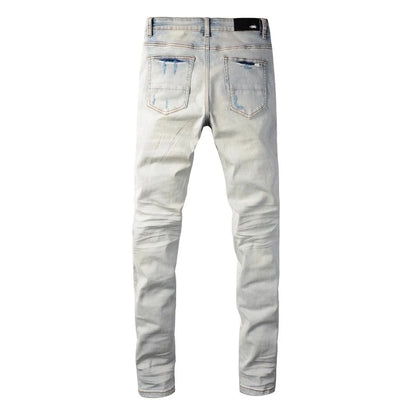 Calça Jeans Masculina de Cintura Reta Rasgada, Cor Sólida, Elástica, Respirável, Confortável e de Alta Qualidade, Nova Tendência Primavera Outono