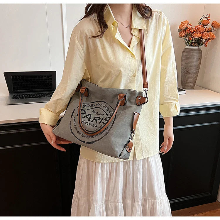 Portable Canvas New Trend Fashion Women's Bag Letter Large Capacity Tote Bag Leisure Commuting Single Shoulder Diagonal Span