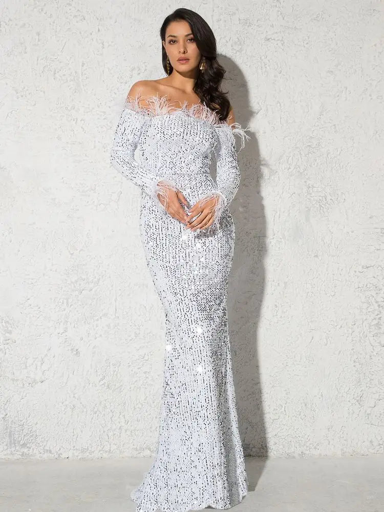Sparkle Sequin Green Feathers Maxi Cocktail Dress Mermaid Off Shoulder Long Sleeves Stretch Wedding Party Gown Dresses 2025
