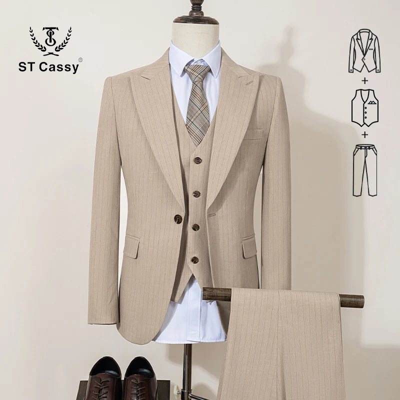 High-quality striped suits for men slim fit luxurious and elegant men's business suit 3-piece set party full men's suit