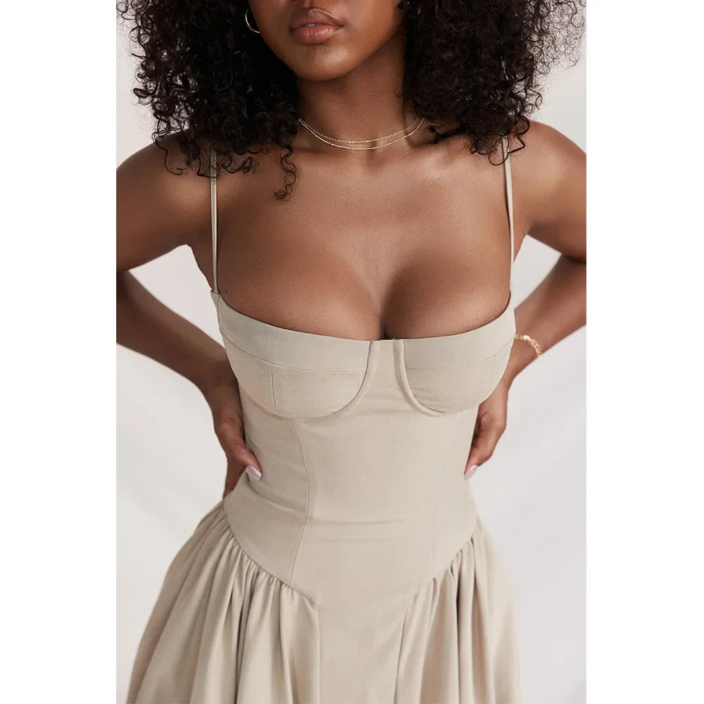 Women Elegant Sleeveless Backless Pleated Dresses Lady Sexy Solid Sling Midi Dress 2024 Female Party Evening A-line Robes