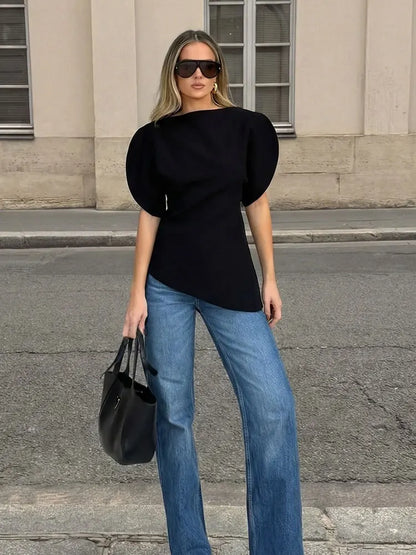 Spring Puff Sleeve Blouse For Women Casual O Neck Short Sleeve Shirts Summer Woman Fashion Solid Office Lady Chic Tops