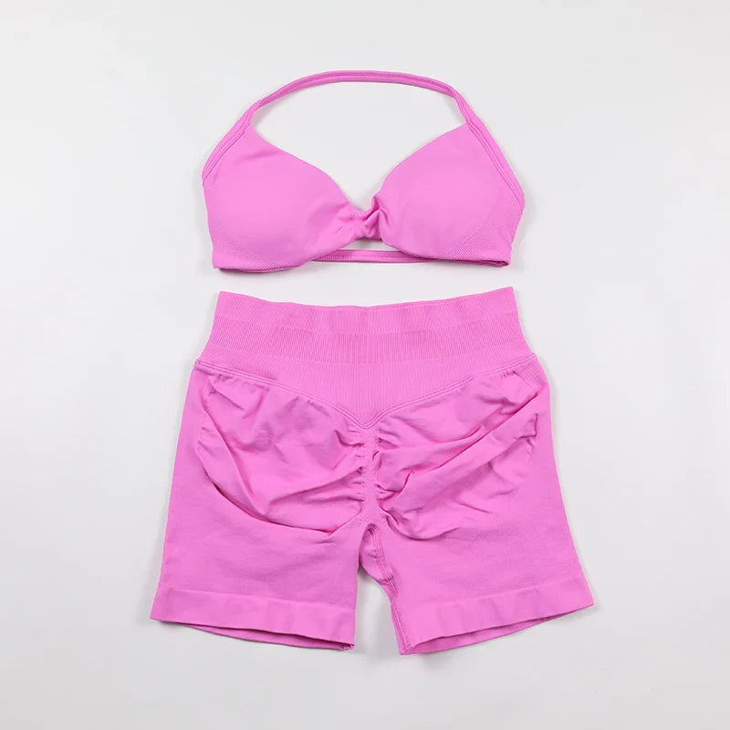 Scrunch Seamless Yoga Set Women Sportswear Ribbed Gym Shorts Strappy Sports Bra 2 Piece Set Halter Workout Clothes Fitness Suit