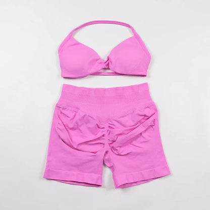Scrunch Seamless Yoga Set Women Sportswear Ribbed Gym Shorts Strappy Sports Bra 2 Piece Set Halter Workout Clothes Fitness Suit