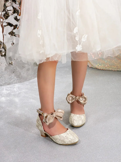 New Children High Heels Ankle-strap Bowknot Girl Princess Dress Sandals Sweet Wedding Party Versatile Kids Fashion Catwalk Shoes