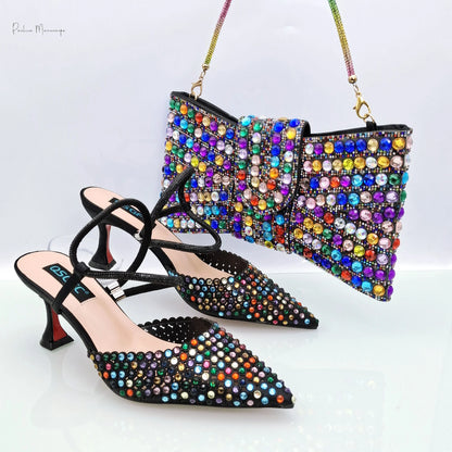 Hot Selling Italian Design African Women's Crystal High Heel Toe Sandals Party Wedding Party Silver Shoes and Bag Set