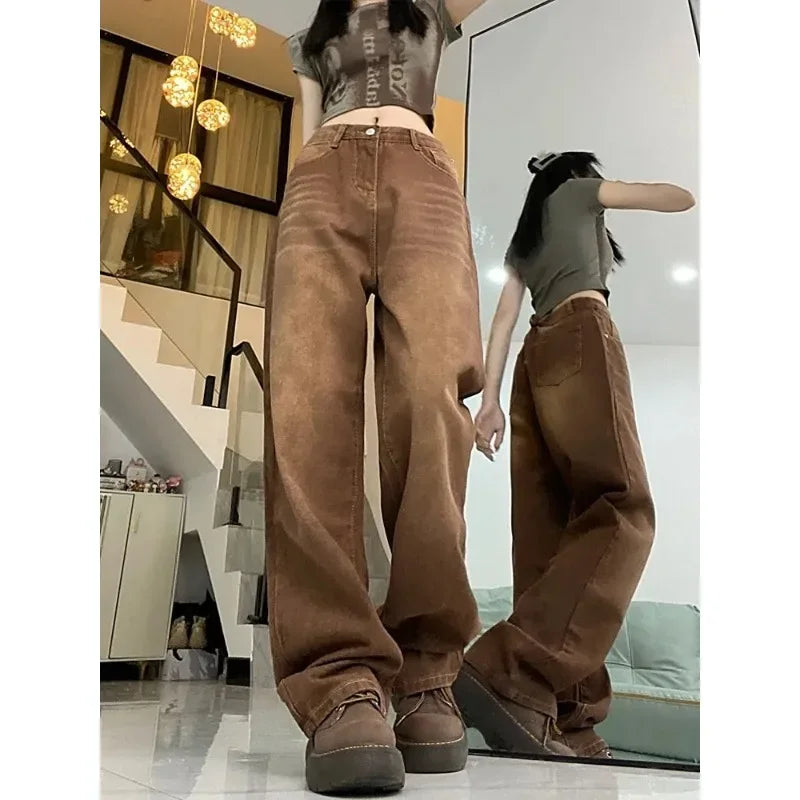 Calça Jeans Marrom Retrô Feminina de Cintura Alta Reta Solta com Perna Larga, Versão Coreana, Modelo Niche, Nova Coleção Inverno