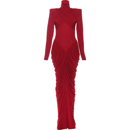 Autumn New Style Maxi Dress Women Turtleneck Full Sleeve Backless Skinny Stretch  Prom Party Ruched Elegant Vestidos
