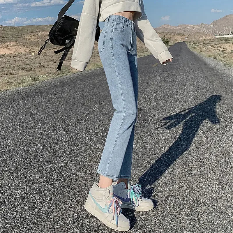 Light-colored High-waist Straight-leg Jeans Women Spring/autumn Slimming Elastic Versatile Tube Pants