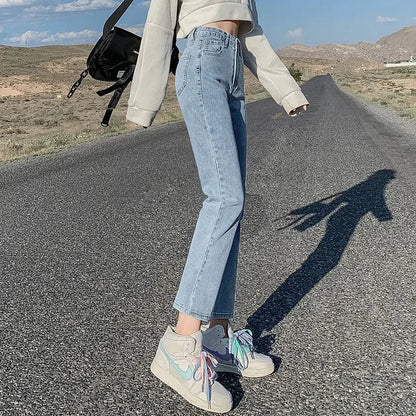 Light-colored High-waist Straight-leg Jeans Women Spring/autumn Slimming Elastic Versatile Tube Pants