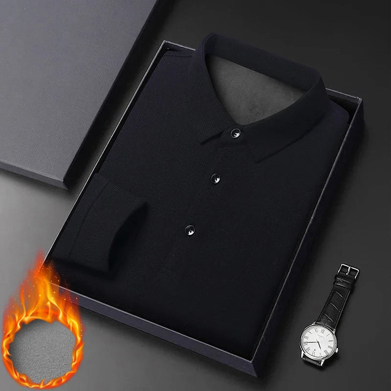 Waffle Fleece Thicken Fashion Polo Shirt Men Winter Warm Plush Business T-Shirt Tops Male Casual Button Lapel Long Sleeve Shirts