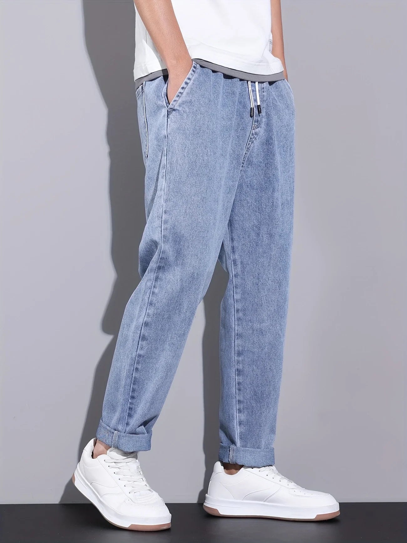 Men's Straight-Leg Jeans with Adjustable Drawstring Waist, Made of Breathable and Soft Fabric, Loose Casual Style.