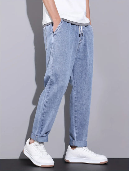 Men's Straight-Leg Jeans with Adjustable Drawstring Waist, Made of Breathable and Soft Fabric, Loose Casual Style.