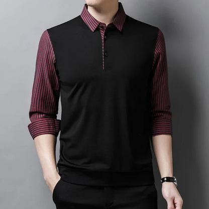 New Men's Casual and Fashionable Long Sleeved POLO Shirt with Contrasting Print Anti Wrinkle Top