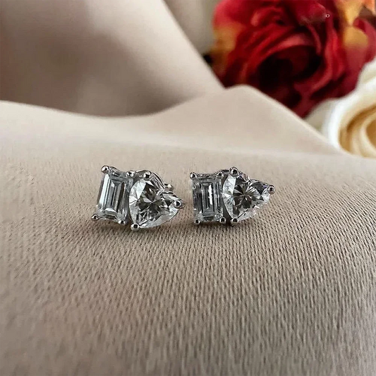 2-stone Heart Emerald Cut Moissanite Stud Earrings D Color Diamond with Certificates 925 Sterling Silver Ear Studs for Women