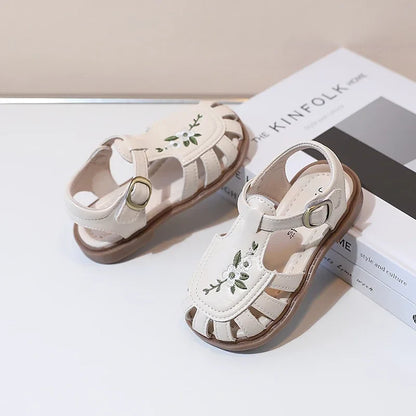 Traditional Chinese Embroidery Kids Shoes for Girl Sandals Summe Retro Princess Shoes Roman Style Girls Leather Shoes Kid F05173