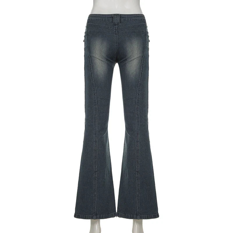 Basic Pockets Women Jeans Casual Vintage Washed Denim Flare Pants Streetwear Slim Jeans Spring Summer All-match Bottoms