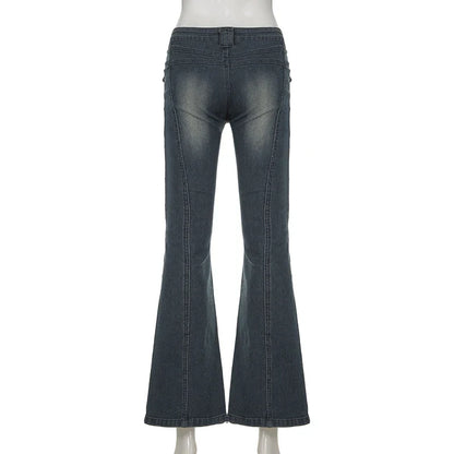 Basic Pockets Women Jeans Casual Vintage Washed Denim Flare Pants Streetwear Slim Jeans Spring Summer All-match Bottoms