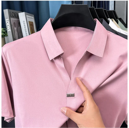 High quality ice silk short sleeve T-shirt men's lapel top trendy brand design cool silky breathable summer casual polo shirt