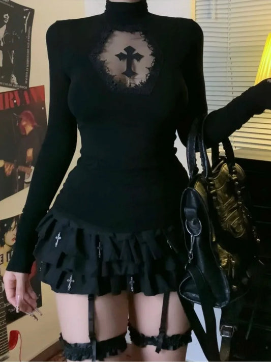Top Y2k Clothes Black Gothic Cross Hollow Slimming Bottom T Shirt for Women Long Sleeve Sexy T-shirt Girls Tops