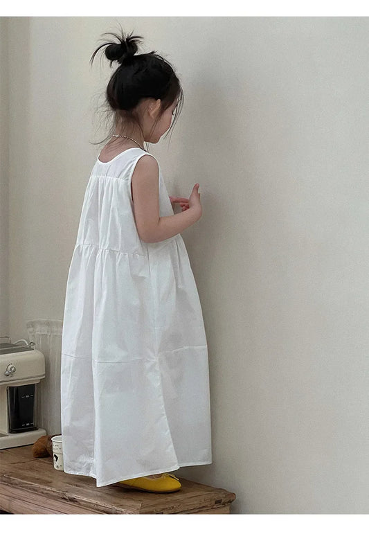 Vestido Leve Branco de Verão para Meninas Simples Solto Sem Mangas Longo Infantil de Algodão 2-8 Anos Roupa Casual Feminina