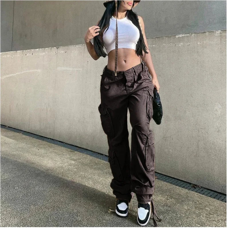 Autumn/Winter New Womens Cargo Straight Trousers High Waist Loose Wide Leg Vintage Dad Jeans for Women