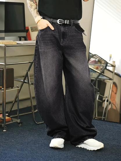 1Pc Men's Daily Travel Casual American Street Loose Jeans, Black, Light Blue, Sea Blue Fashion Street Style Retro Lantern Jeans  Denim Pants