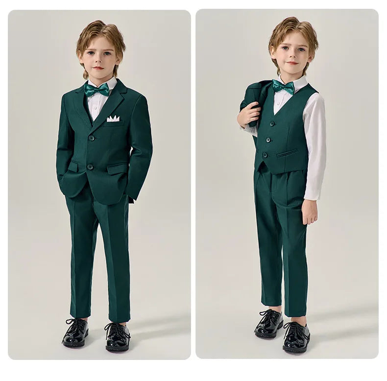 Boys Dark Green Jakcet Vest Pants Bowtie Evening Party Dress Children Wedding Photograph Suit Kids Ceremony Performance Costume