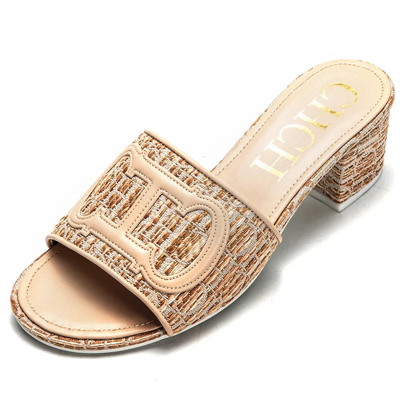 Middle heel square heel slippers fabric fashion casual shoes luxury brand slippers girls street commuter slippers