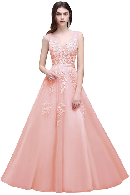 In Stock Pink Princess Prom Dresses Appliques Beaded V Neck Long Evening Dress Soft Tulle Bridesmaid Dress Vestidos De Fiesta