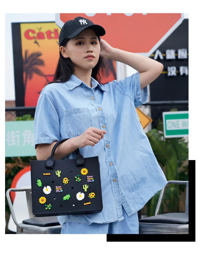 Large Leather Shoulder Bag Handbag Tote Bag Storage for Women Casual Waterproof Beach Bag Hole Fit Charm Fashion Storage Bag