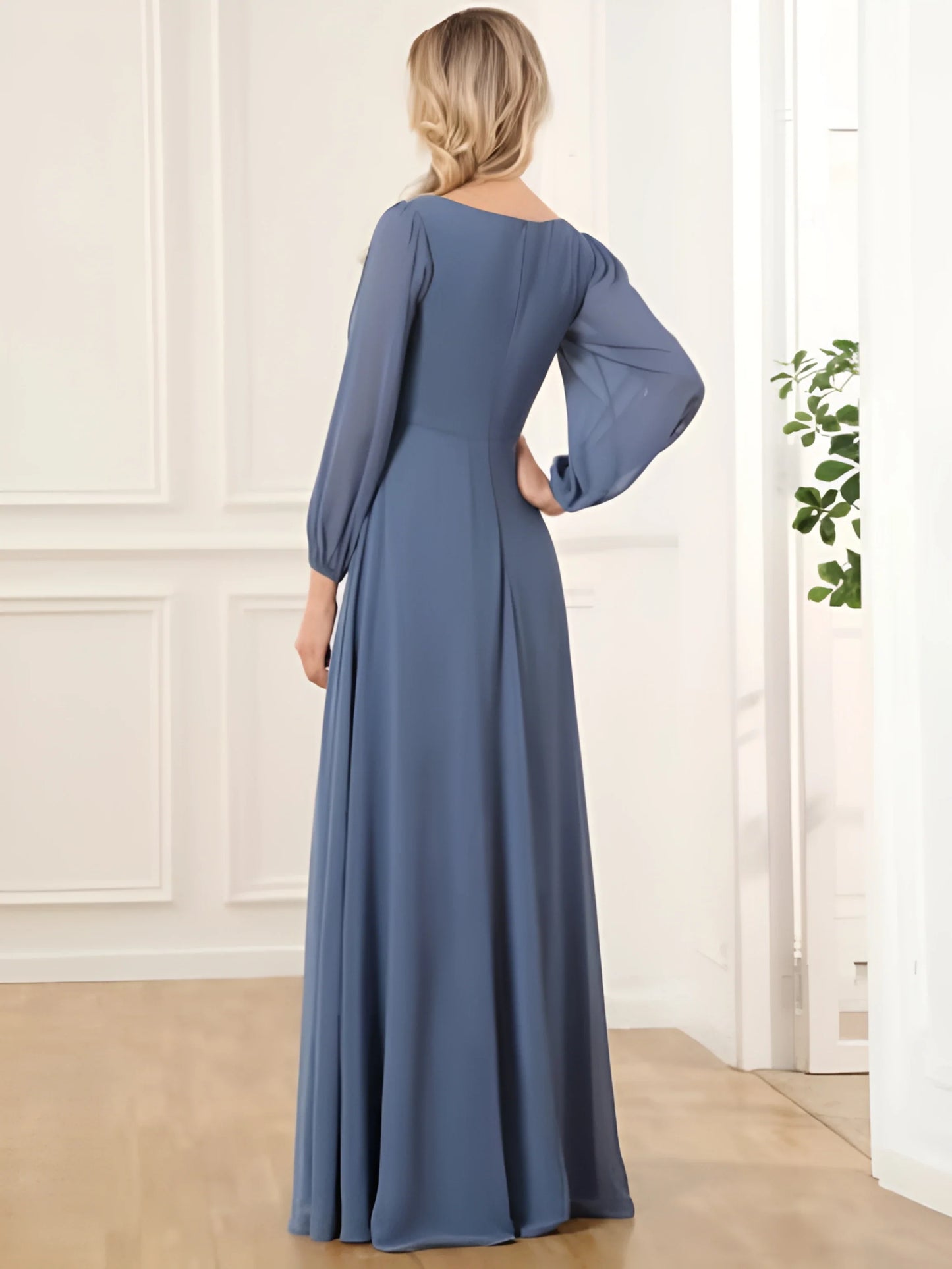 Elegant Women's Evening Dresses Tulle Full Sleeve Sexy V-Neck Prom Gowns Appliques Empire Pleated A-Line Elegant Bridal Dress