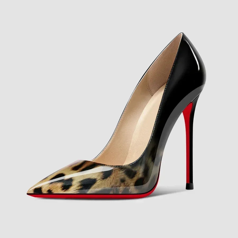 2025New Gradient Red Bottom Large Heels Sexy Leopard Pattern Pointed Professional Women's Shoes Black Graduation Single Shoes