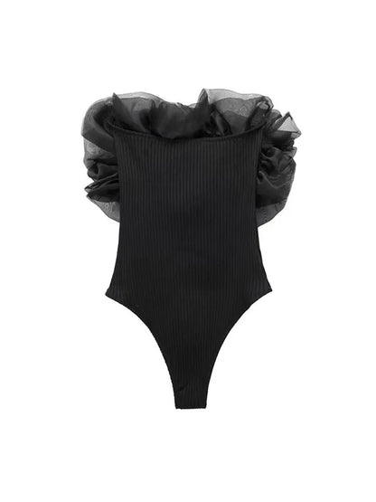 Women Fashion Ribbed Bodysuit With Organza Ruffle Vintage High Elastic Sexy y2k Female Chic Lady Tops body femme