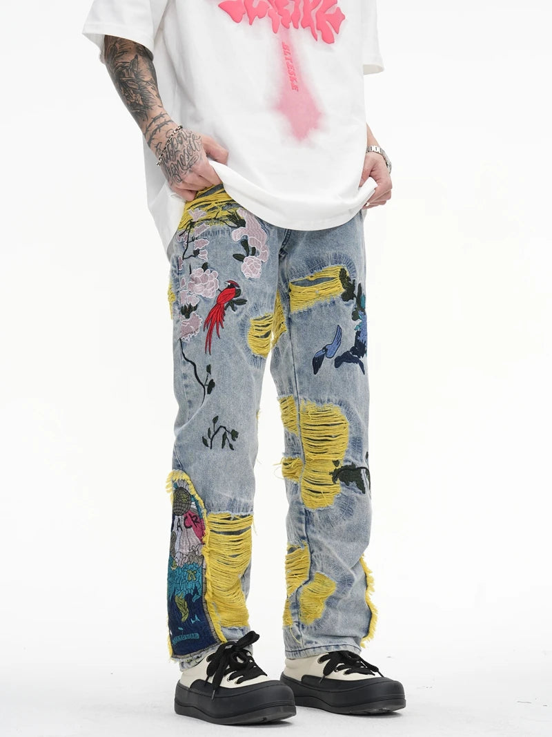 Chinese Painting Embroidered Patch Denim Ripped Jeans for Men Streetwear Pleated Tassels Distressed Destroyed Jean Straight Male