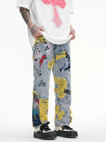 Chinese Painting Embroidered Patch Denim Ripped Jeans for Men Streetwear Pleated Tassels Distressed Destroyed Jean Straight Male