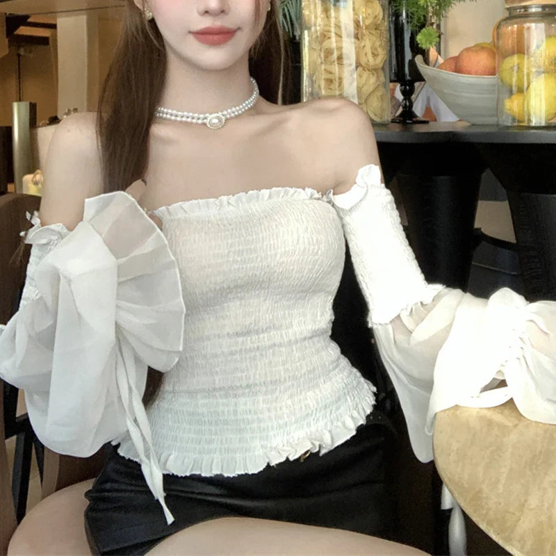 Solid Color Slim Fit Off Shoulder Sexy Women's Chiffon Shirt Sweet Flare Long Sleeved Chic Fashion New Lady Short Tops 8066
