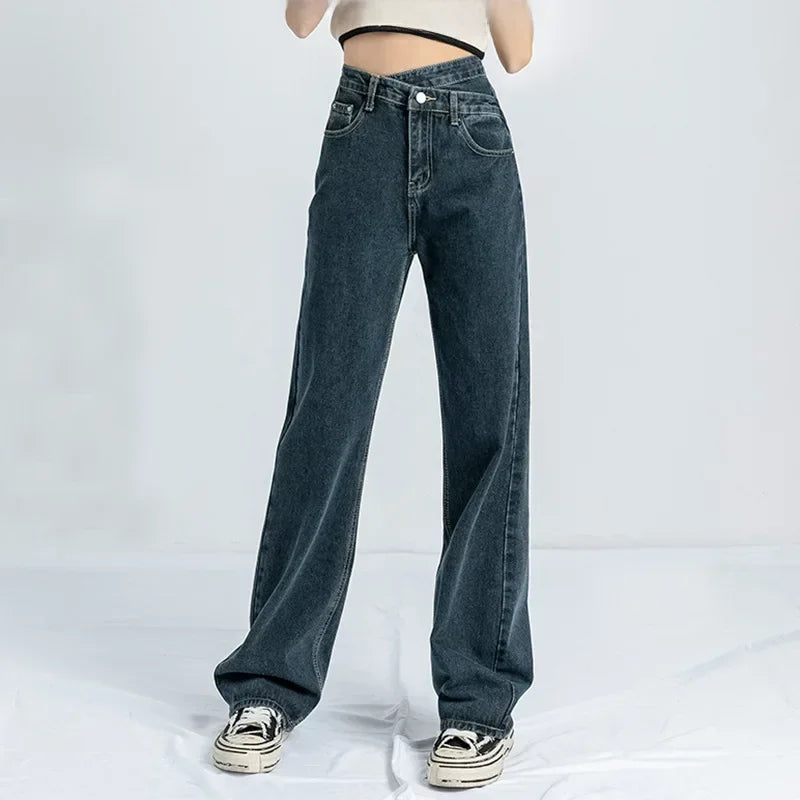 Wide Leg Pants Mom Femme Black Blue Jeans High Waist Woman Trousers