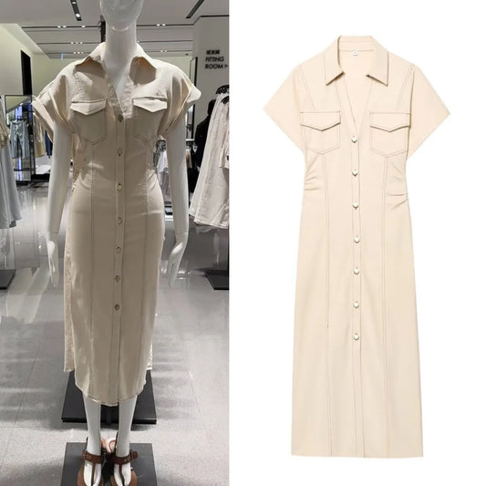 summer new women's elegant fashion waist pleated V-neck short-sleeved temperament denim MIDI dress
