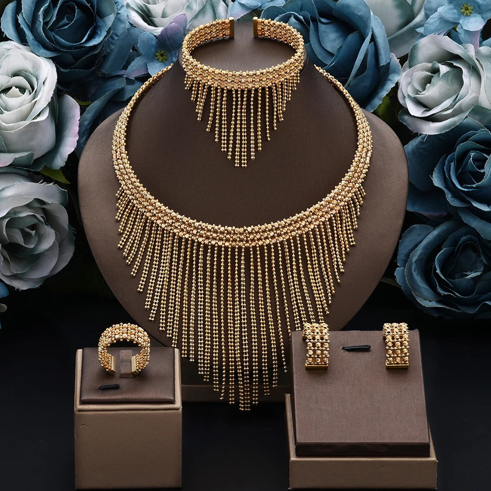 Conjunto de Joias de Casamento de Luxo Dubai Nigéria Conjuntos de Joias Nupciais para Mulheres Festa Colar de Cobre Banhado a Ouro com Contas de Borla