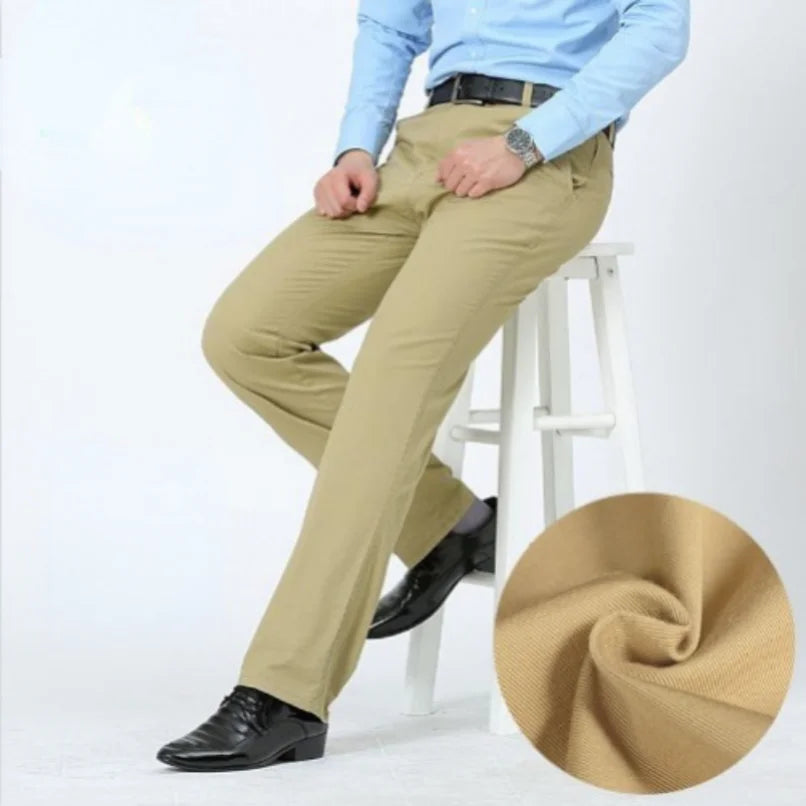 Summer Thin 100% Cotton Pants Mens Autumn Thick Suit Pant Slacks High Waist Straight Loose Bland Solid Business Casual Pants